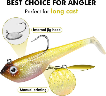 TRUSCEND Easy Catch Pre-Rigged Soft Lures, Unique Vibrating Swim Action and Trembly Sinking Move for More Bites, Amazing Soft Swimbait for Family Fishing, Fishing Lures for Bass Trout Crappie Walleye