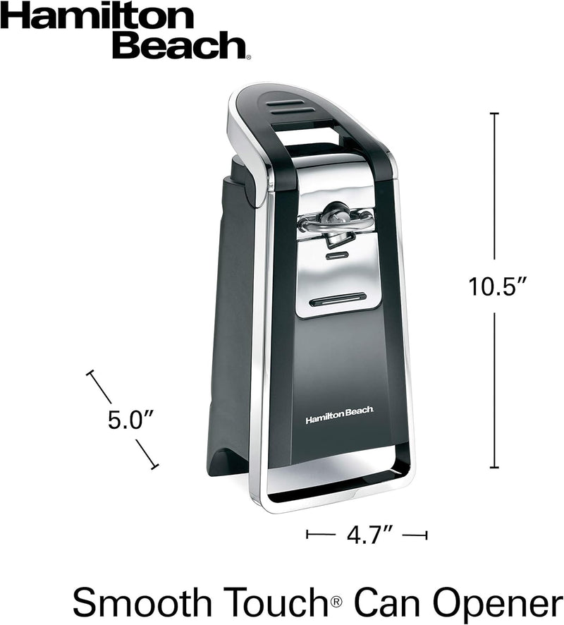 Hamilton Beach Smooth Touch Electric Automatic Can Opener with Easy Push Down Lever, Opens All Standard-Size and Pop-Top Cans, Extra Tall, Black and Chrome, 76606AG