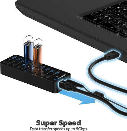 SABRENT16 Port USB hub 3.2 x1 and Charger 90W, with Power Adapter, Fast Powered Data hub, Multiple USB Charging, USB Docking Station, multiport hubs, LEDs on/Off Switch, Mount Bracket Included