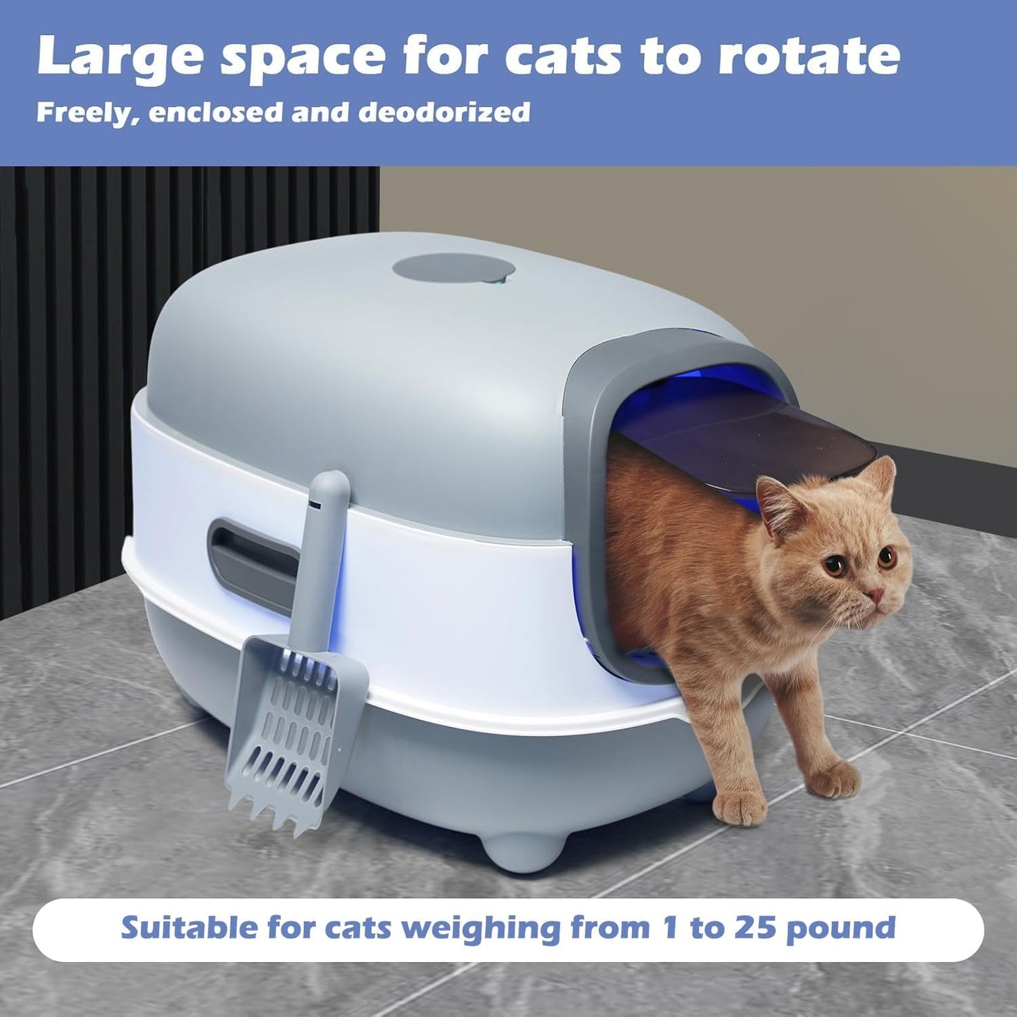 Ultra Large Fully Enclosed Cat Litter Box,Self Cleaning Cat Litter Tray for Cats with Automatic Anti-Sand Cage,Easy to Clean,Deodorize,Splash Proof Litter Box with Lid,55x38x36cm (Blue)