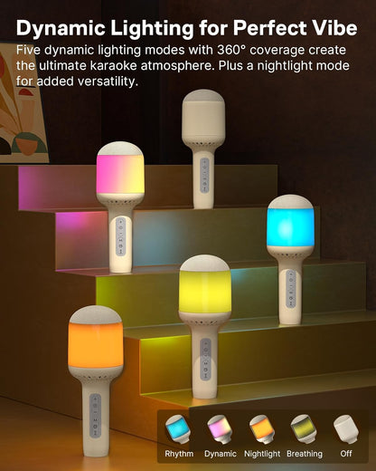 Wireless Bluetooth Karaoke Microphone with Dynamic Lights, Portable Handheld Mic, 6 Sound Effects, 10H Battery, Perfect for Kids Singing, Home Parties, Duet - Gift Idea, Works with All Smartphones
