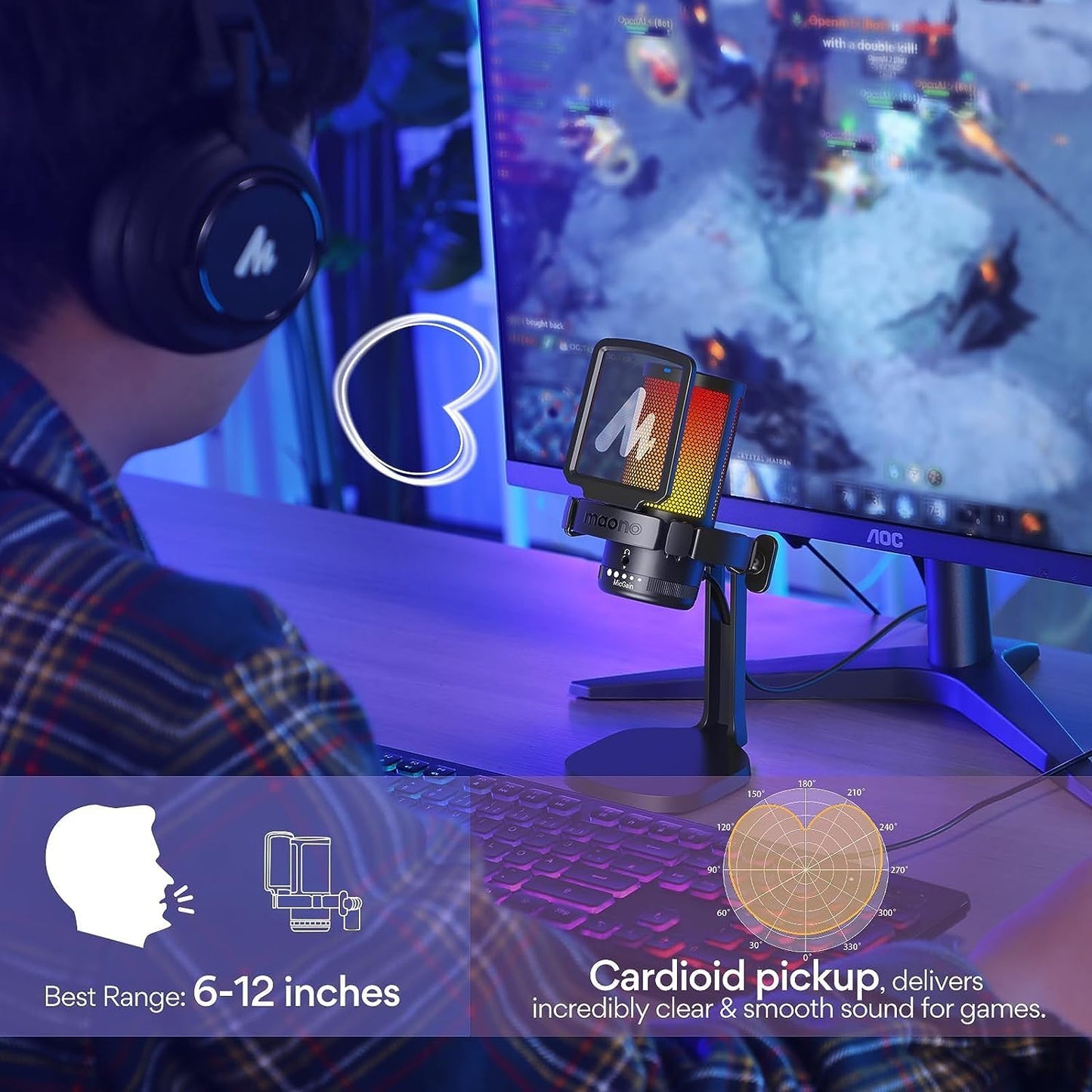 MAONO Gaming USB Microphone, Noise Cancellation Condenser mic with Mute, Gain, Monitoring, Boom Arm for Streaming, Podcast, Vocal, Twitch, YouTube, Discord, PC, Computer, PS4, PS5, Mac, DGM20S