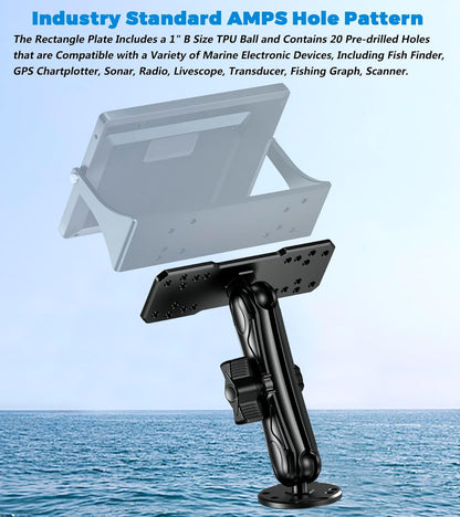 VAZESWIN Aluminum Alloy Fish Finder Mount with B Size 1" Ball Rectangle Plate & Round Base, 5.9" Long Arm Marine Electronic Mount Compatible with Garmin, Lowrance, Humminbird, Raymarine and More