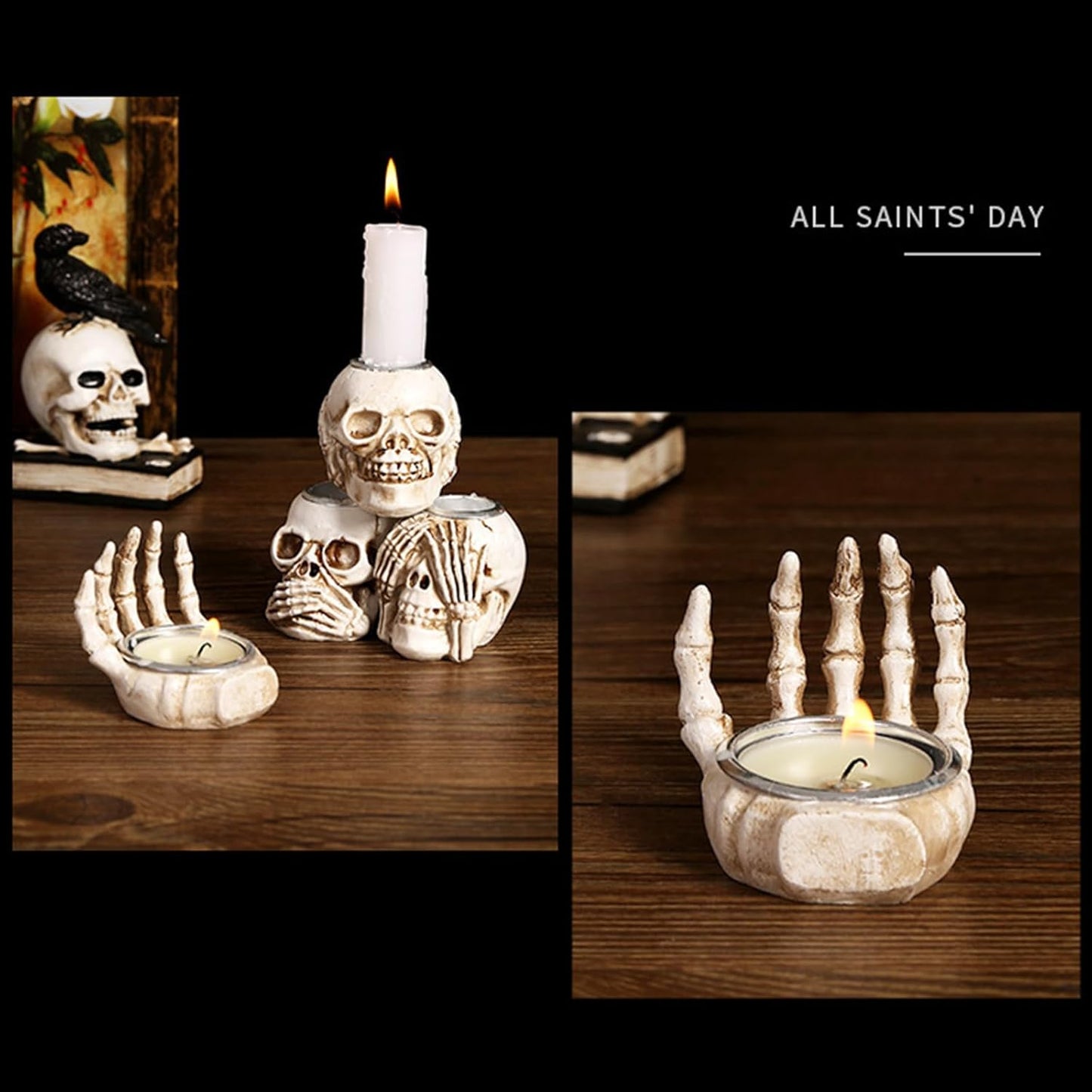 4Pcs Halloween Skeleton Candlestick,Halloween Candle Holder Gothic Skeleton Palm Skull Decor for Home Bar Party Tabletop,Creepy Themed Party Decorations,Escape Room Script Kill Prop