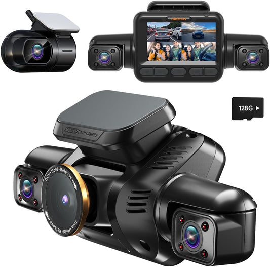 AI Dash Cam, 4 Channel Dash Cam Front and Rear, 4K Dash Camera with Driver Monitor System, Car Camera with 128GB SD Card, 360° Camera for Cars Built-in WiFi GPS, Night Vision, 24H Parking Mode V8Pro