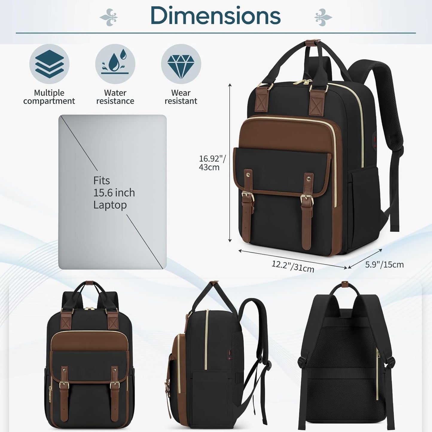 RAINSMORE Laptop Backpack 15.6 Inch for Women Large Travel Backpack with USB Charging Port Water Resistant