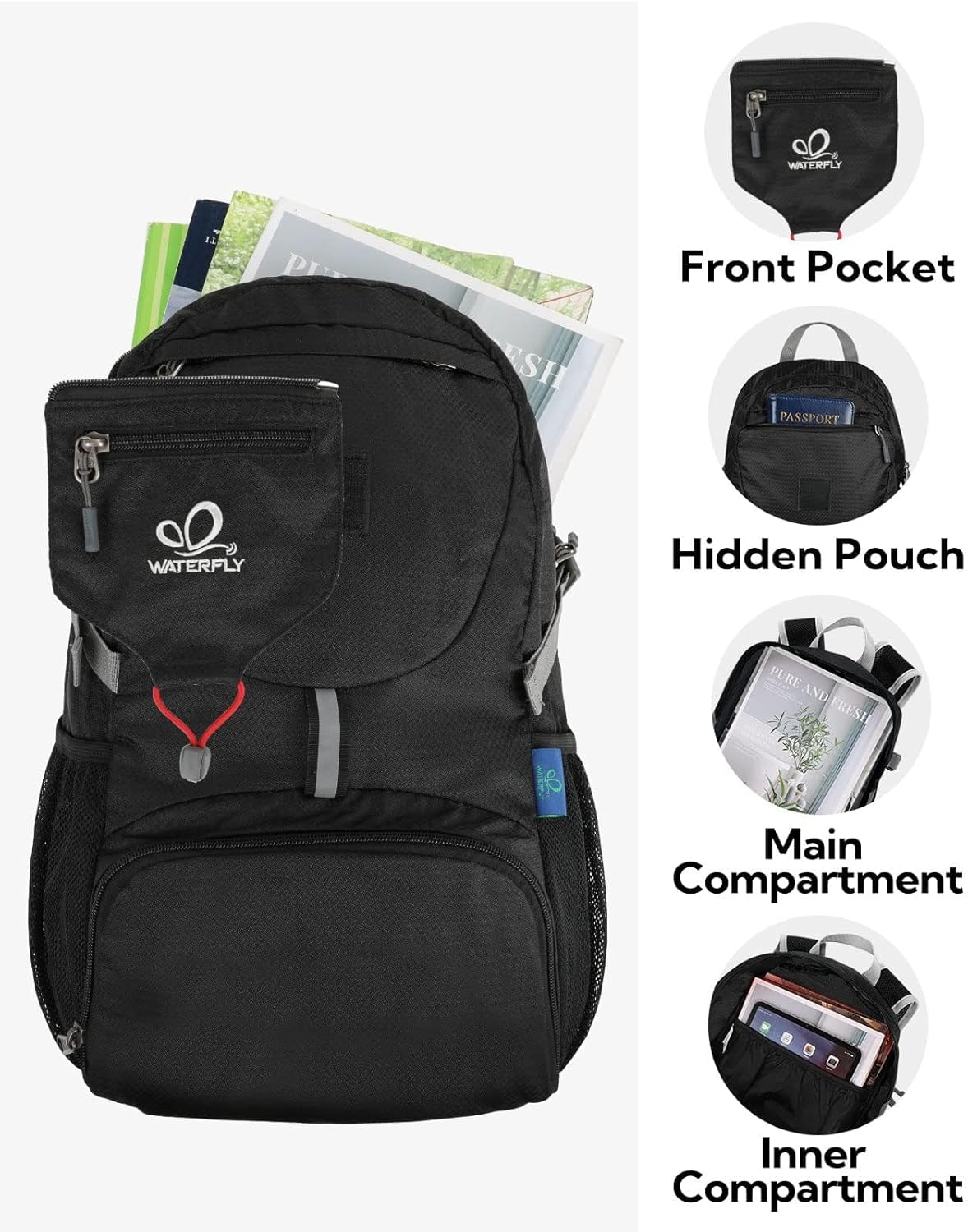 WATERFLY Hiking Backpack 20L Foldable Travel Backpack Lightweight Hiking Daypack for Outdoor Cycling Camping