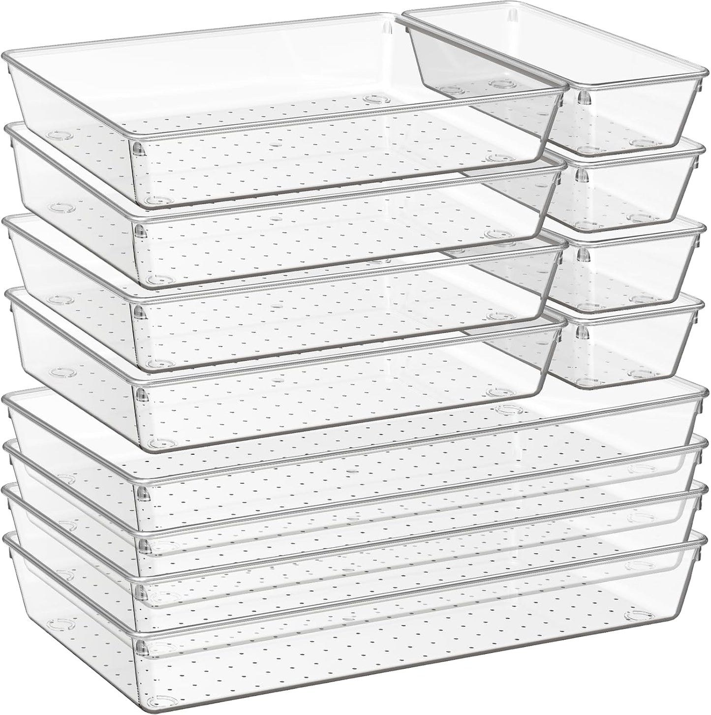 Criusia Large Drawer Organizer Bins 26 Pack | Complete 5 Size Clear Plastic Kitchen Drawer Organizers for Utensils | Bathroom Drawer Organizer Trays | Versatile for Makeup Office Organization