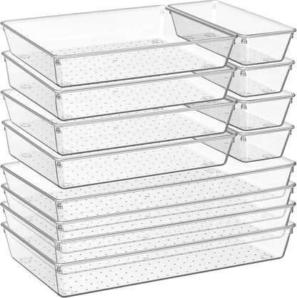 Criusia Large Drawer Organizer Bins 26 Pack | Complete 5 Size Clear Plastic Kitchen Drawer Organizers for Utensils | Bathroom Drawer Organizer Trays | Versatile for Makeup Office Organization