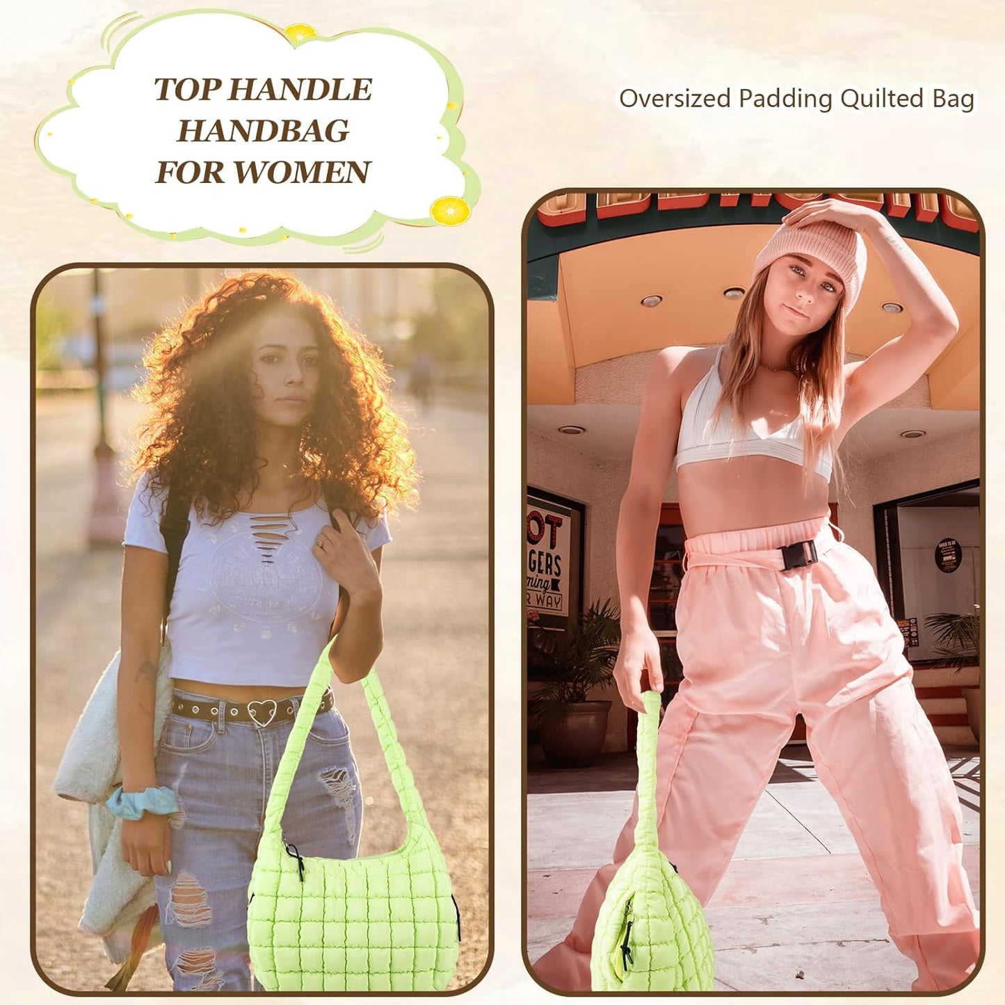 Quilted Puffer Tote Bag Large Crossbody Shoulder Bag with Zipper, Nylon Hobo Oversized Handbag