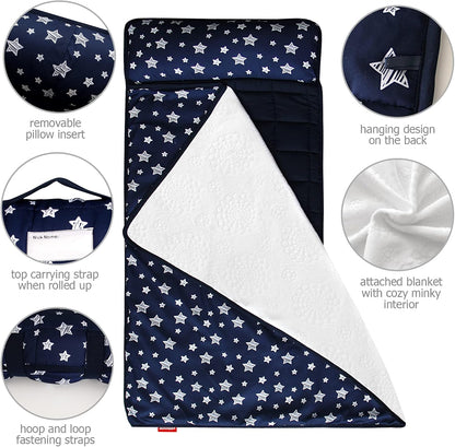 Toddler Nap Mat with Pillow and Fleece Minky Blanket, Kids Sleeping Bag Lightweight and Soft Perfect for Kids Preschool, Daycare, Travel Sleeping Bag Boys and Girls, Fit Standard Cot