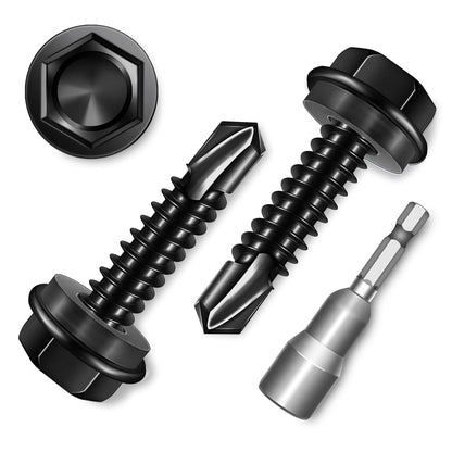EASTPUK 100Pcs #8 x 1/2" Sheet Metal Screws, 410 Stainless Steel Self Drilling Hex Washer Head Self Tapping Screws for Metal with Drill Bit