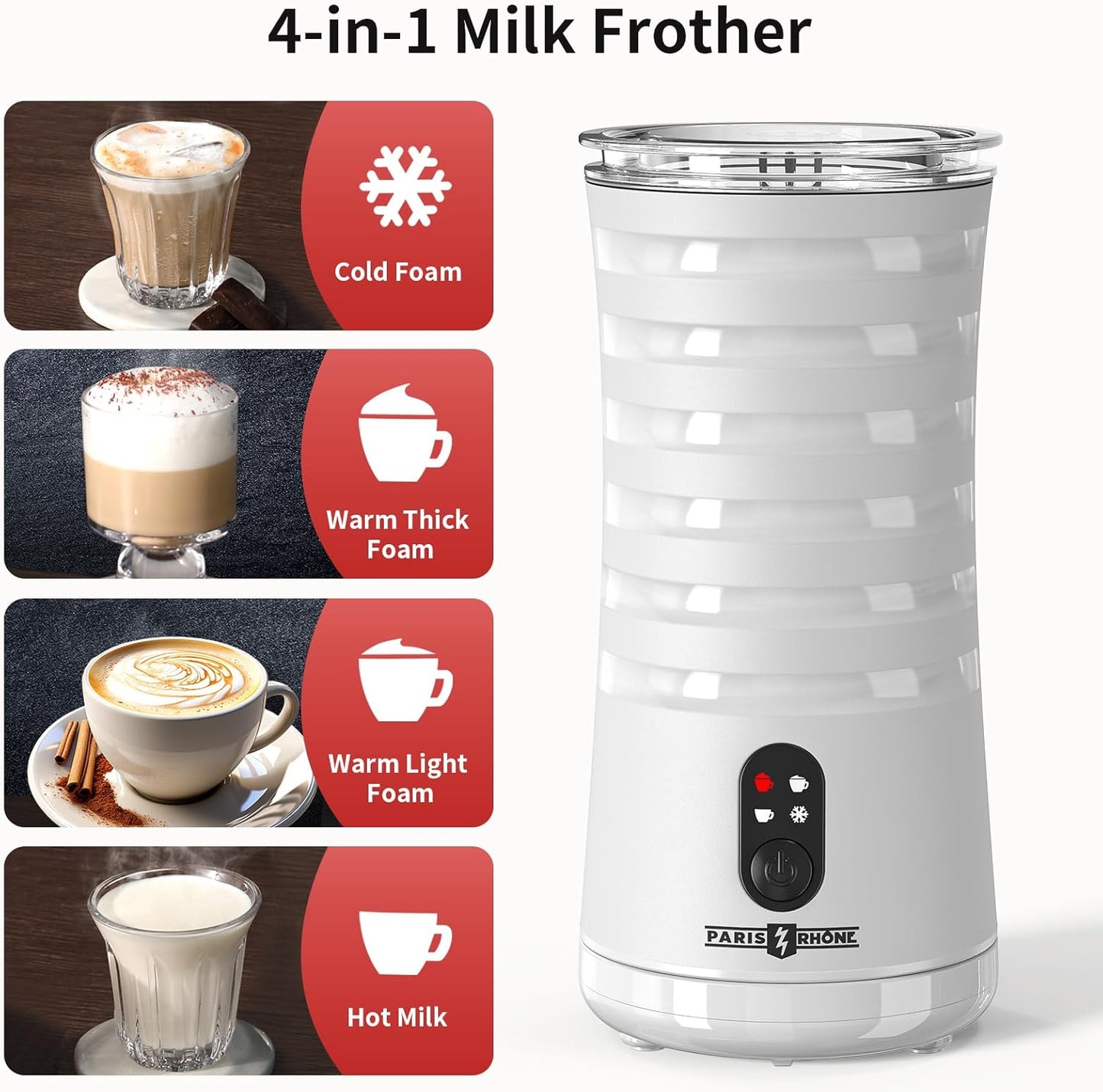 Paris Rhône Milk Frother, 4-in-1 Milk Steamer and Frother, Hot & Cold Foam Milk Warmer with Temperature Control