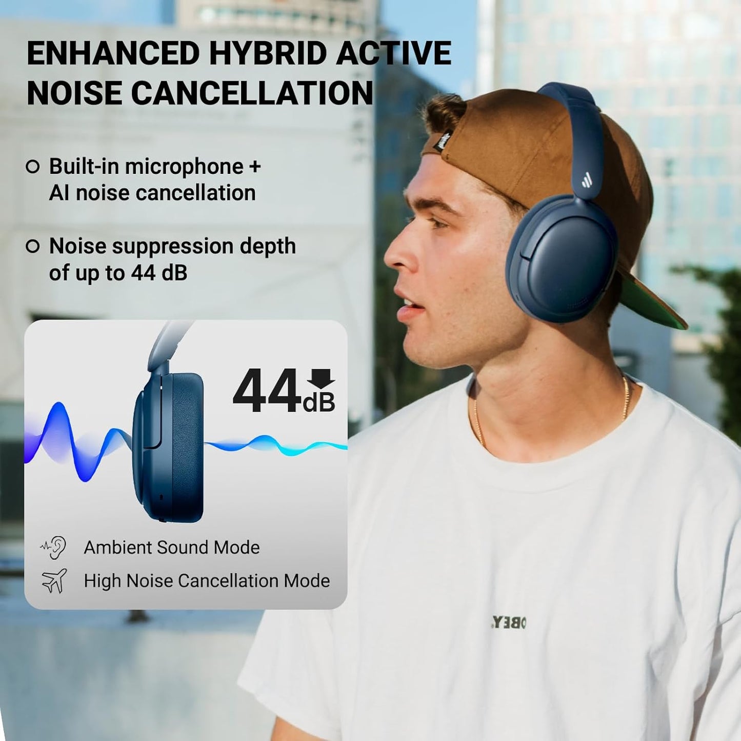 Edifier V80 Hybrid Active Noise Cancelling Bluetooth Headphones, Wireless Over Ear Headset with 45H Playtime, Wired Hi-Res Audio Fast Charging Multipoint Connection for Home Travel Office - Navy Blue