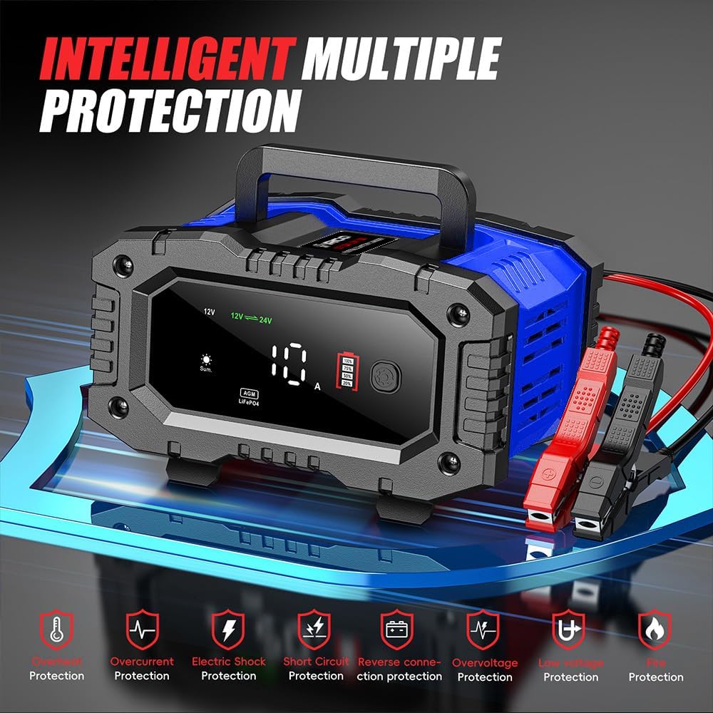 IRICO Multi-Stage Smart Battery Charger for Lithium-ion, LifePo4, AGM, Gel, SLA, Wet, EFB, Deep Cycle Batteries, with Repair Feature. Charge at 12V, 10A or 24V, 5A (12V 10A)