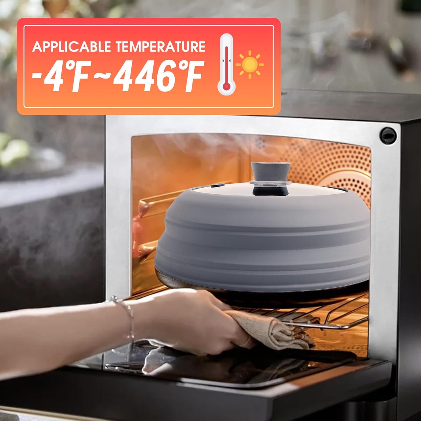10.5-Inch Collapsible Glass Microwave Splatter Cover with Silicone Handle, Tempered Glass Lid with Steam Vent, Dishwasher Safe, Food Grade Microwave Cover (Gray) - PuriLite