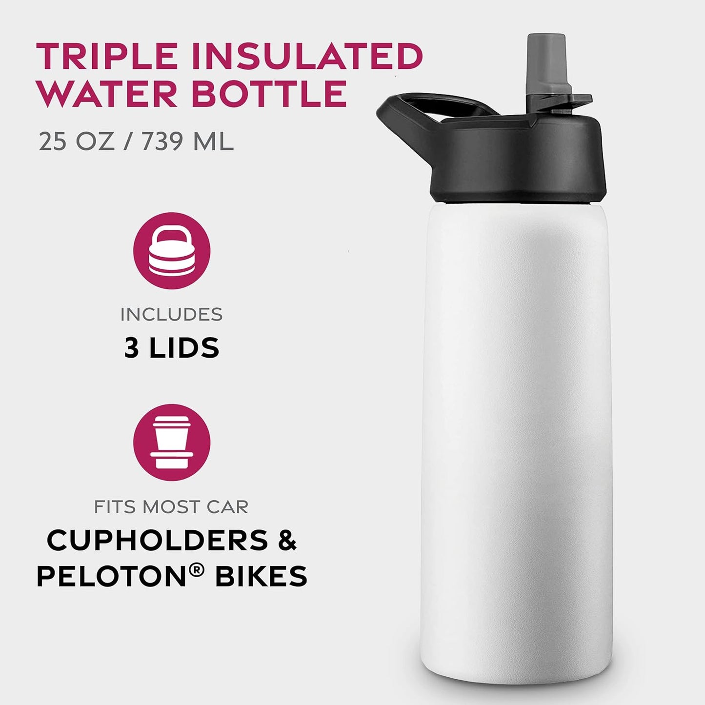 FineDine Water Bottle - Stainless Steel Insulated Water Bottle with Straw Lid, Flip Lid & Wide-Mouth Cap - Keeps Hot and Cold - 25 Oz / 739ml - Pure Pearly White