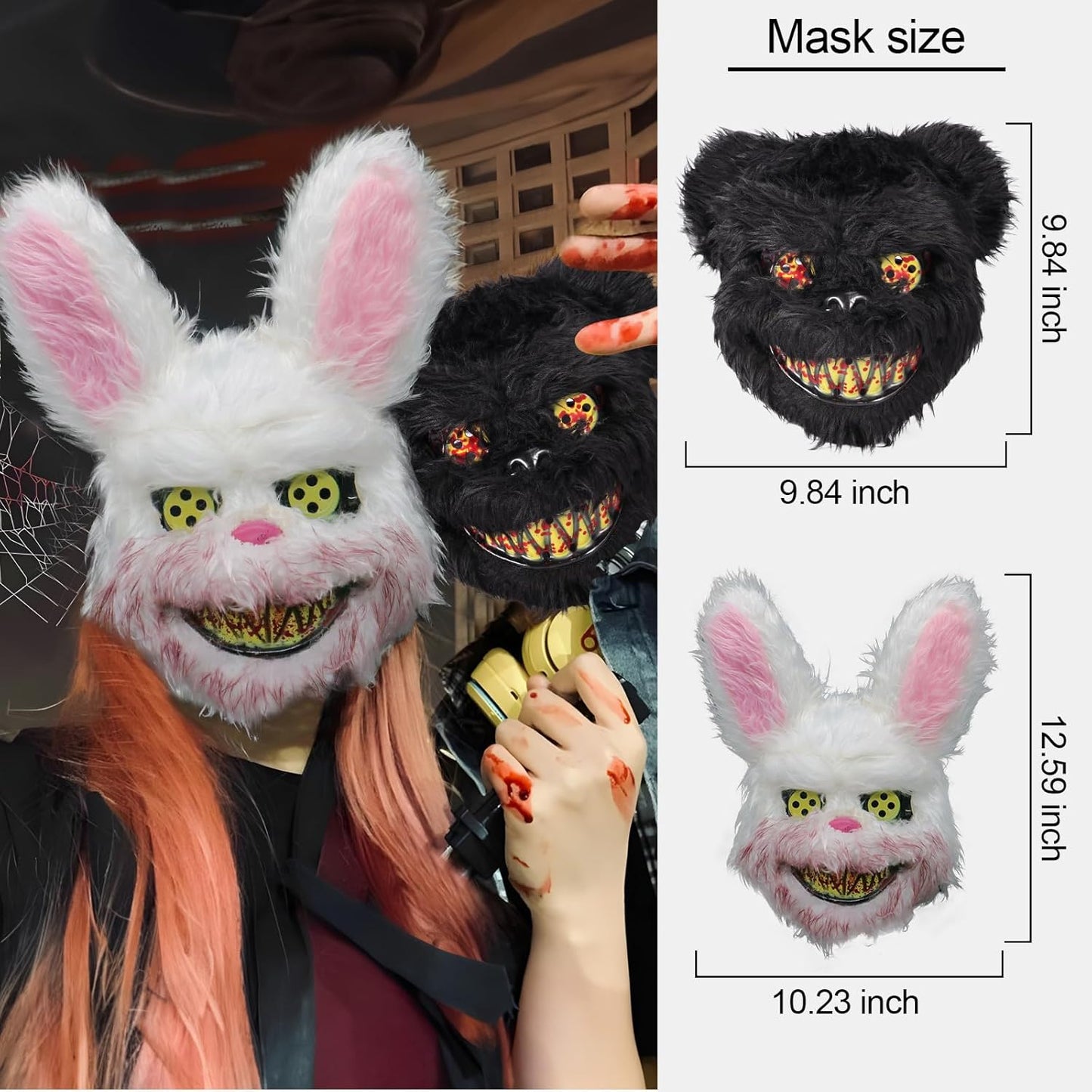 2Pcs Halloween Scary Mask Rabbit Bunny Brown Black Bear Mask Bloody Animal Mask,Halloween Cosplay Costume Props Party