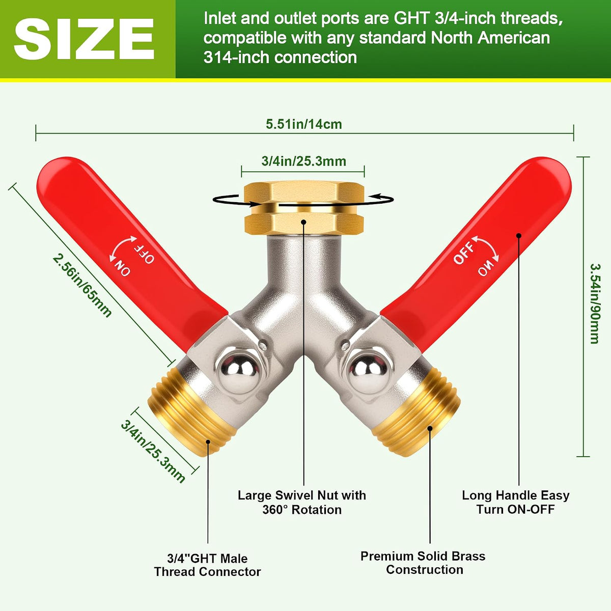 Hose Splitter 2 Way, Garden Hose Splitters, 3/4” GHT Inlet Brass Heavy Duty Hose Converter, Water 2 Way Faucet Hose Splitter, Long Handle Hose Valve Large Outlet.