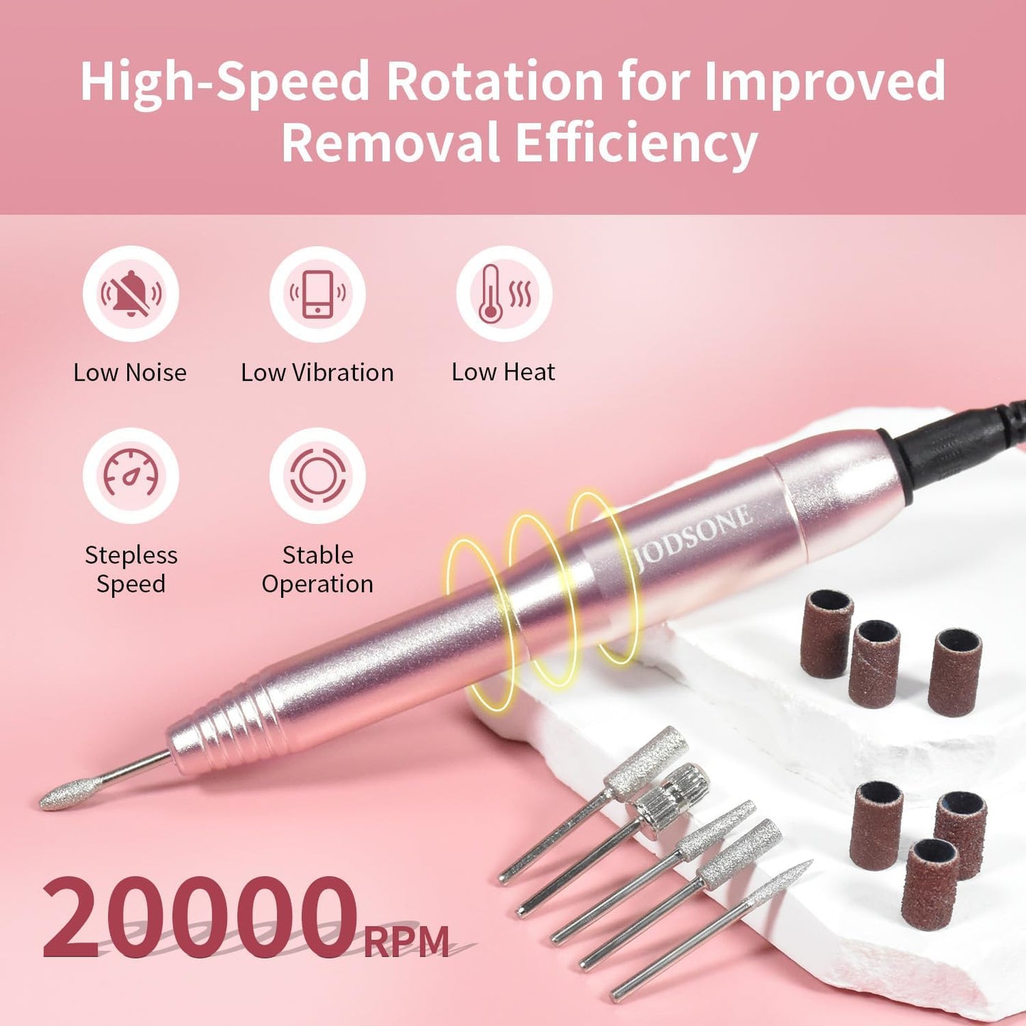 JODSONE Professional Electric Nail Drill 20000RPM Low Noise Work efficiently with 6 Replacement Drills for Salon and Home Use