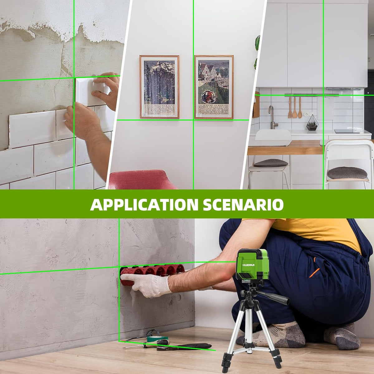 Huepar Green Cross Line Laser Level with 40in Tripod, Self-Leveling Within 4 Indoor Laser Leveler Tool, 100Ft Max Working Range in Low Light, for Picture Hanging, Tile Installation, Home Renovation