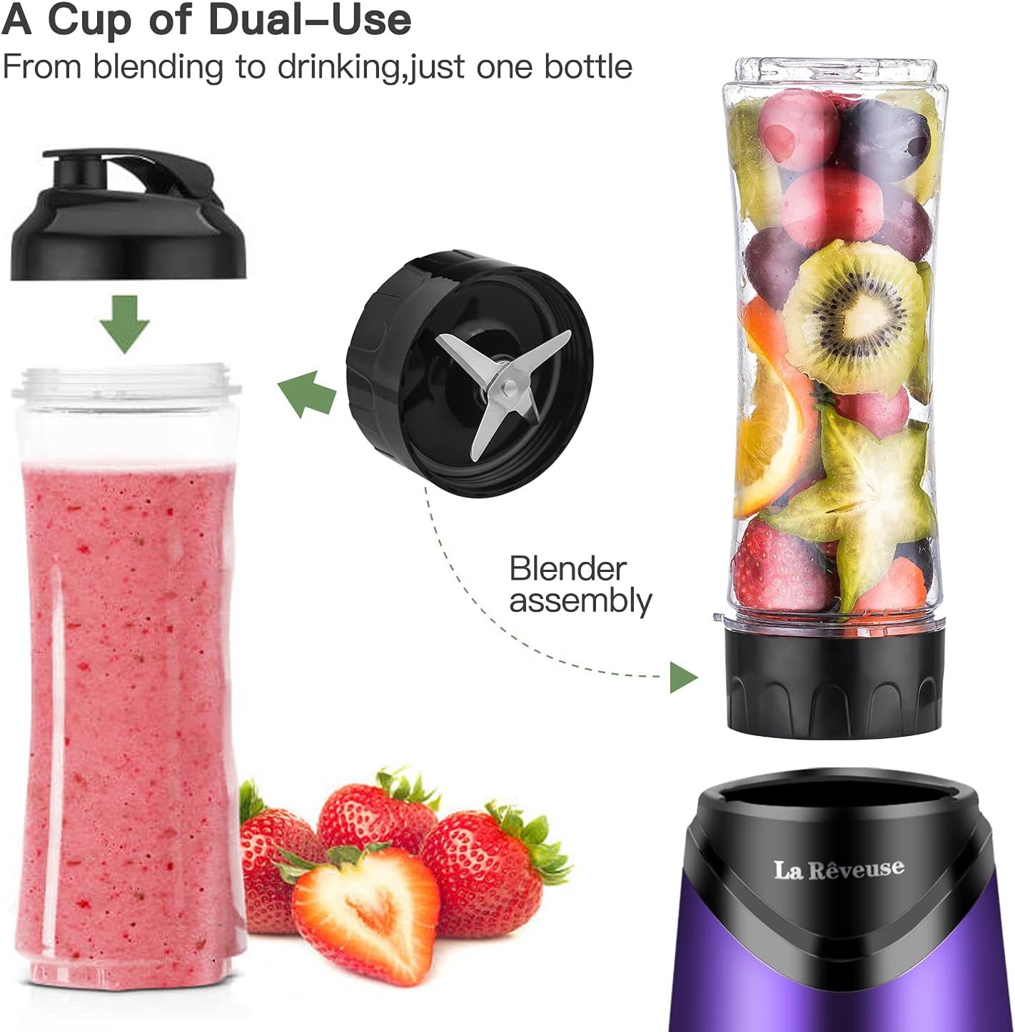 La Reveuse Smoothie Blender Personal Size 300 Watts with 2 Pieces 18 oz BPA-Free Travel Sports Bottles,Grey