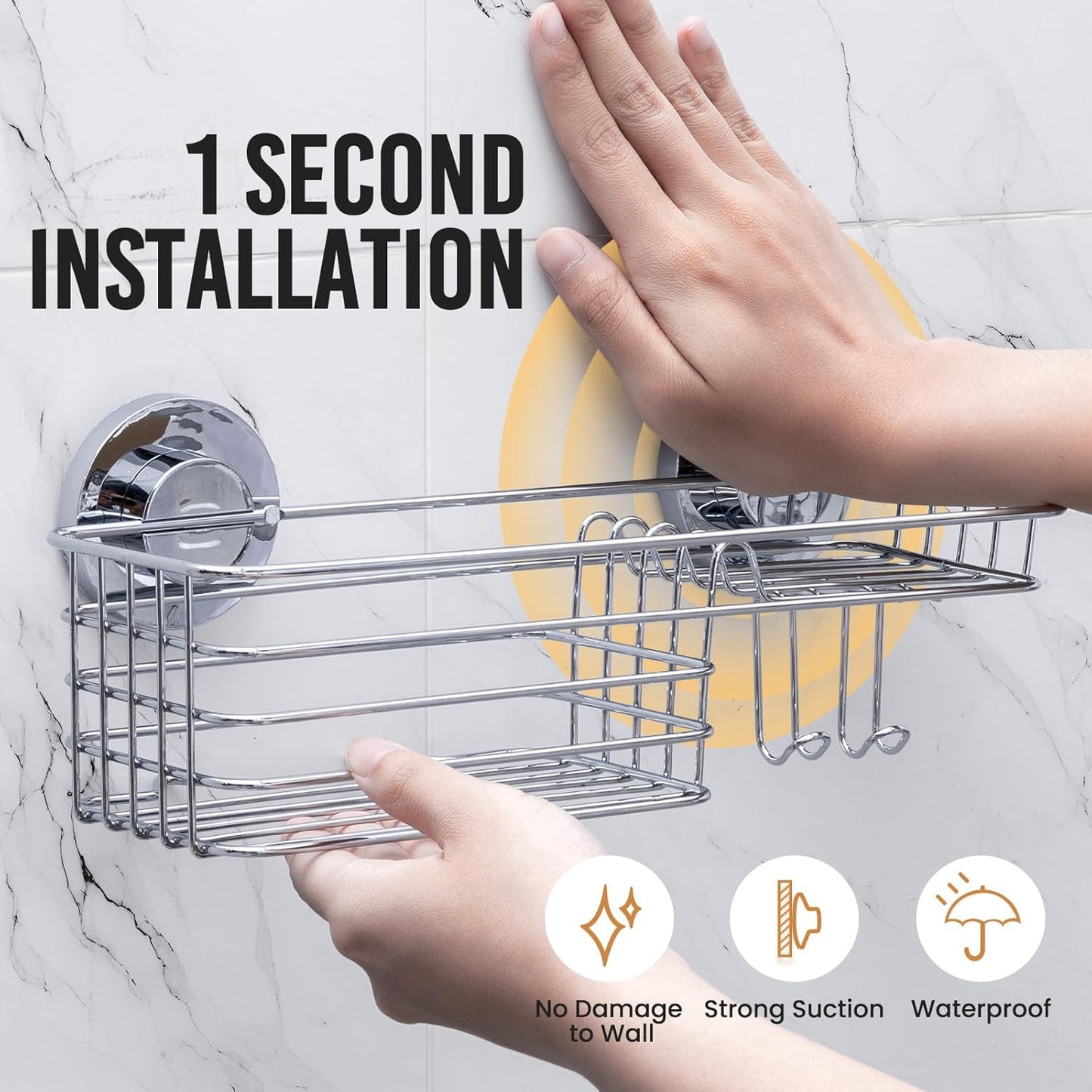 LEVERLOC Shower Caddy Suction Cup, 2 Pack Black Shower Shelf with Hooks and Soap Holder, NO-Drilling Bathroom Organizer, Rustproof Metal Bathroom Storage and Organization