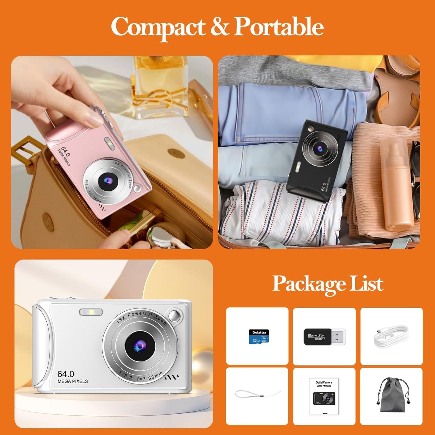 4K Digital Camera for Photography, 64MP Autofocus Vlogging Camera for YouTube, Anti-Shake, LED Screen, 18X Zoom, Point and Shoot Digital Camera for Teens Adult Beginner, 32GB High-Speed SD Card