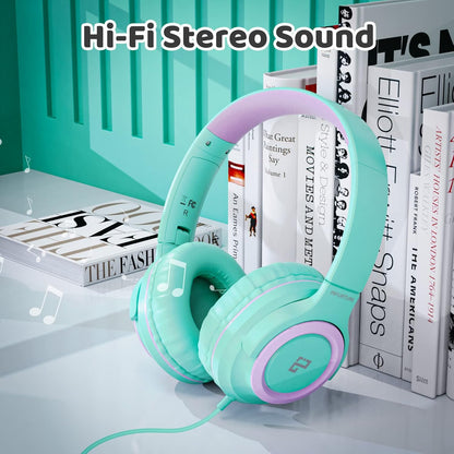 INFURTURE Kids Headphones for School Travel, 94dB Safe Volume Limited, HD Mic Stereo Sound Over-Ear Girls Boys Headphones for Kid, Foldable 3.5mm and USB-C Wired Headphones for iPad Computer