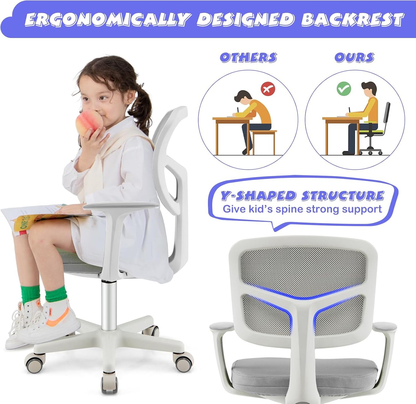 Costzon Kids Desk Chair, Children Study Computer Chair with Adjustable Height, Lumbar Support, Smooth Casters, Swivel Mesh Seat, Ergonomic Kids Task Chair for 4-12, Home, School, Office (Grey)