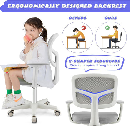 Costzon Kids Desk Chair, Children Study Computer Chair with Adjustable Height, Lumbar Support, Smooth Casters, Swivel Mesh Seat, Ergonomic Kids Task Chair for 4-12, Home, School, Office (Grey)