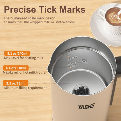YASHE Milk Frother, 8.1 oz/240ml Milk Frother and Steamer, 4-in-1 Electric Milk Frother, Milk Steamer and Frother for Latte, Stainless Steel Milk Steamer, Easy Clean, Dense Velvety Foam