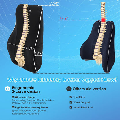 Gel Lumbar Support for Office Chair Back Support for Lower Back Pain Relief Cooling Chair Back Support Cushion Improves Posture Back Rest Memory Foam Back Support Pillow for Gaming Chair, Driving Seat