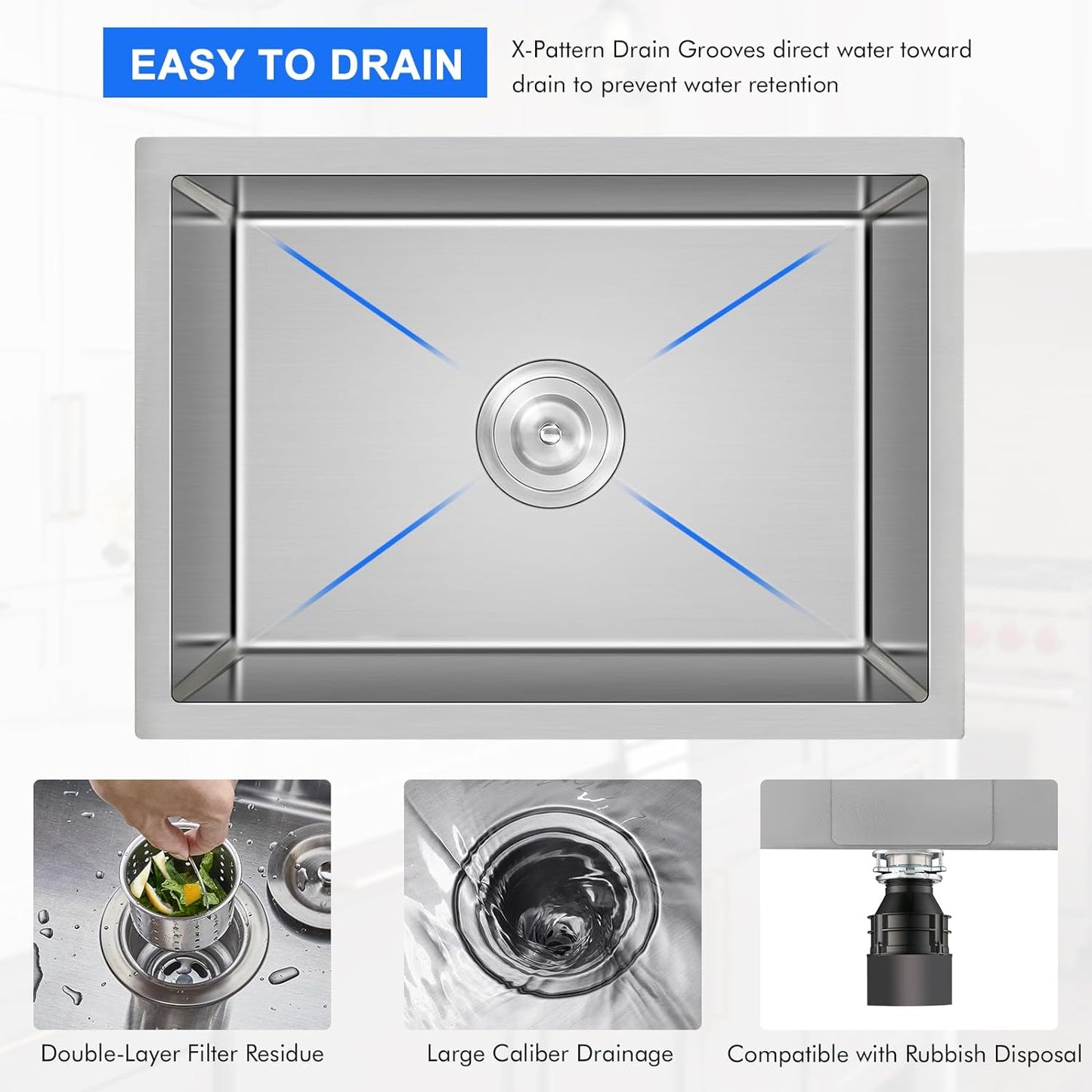 MENATT 20-inch Undermount Kitchen Sink, SUS304 Stainless Steel Handmade Single Bowl Kitchen Sink with Sink Strainer (Brushed), 20"x16"x9"