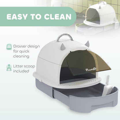 PawHut Cat Litter Box with Lid, Drawer Style Enclosed Kitty Litter Box with Front Door Flap, Scoop, Handle, Easy Clean, Cat Litter Tray for Small and Medium Cats, Green
