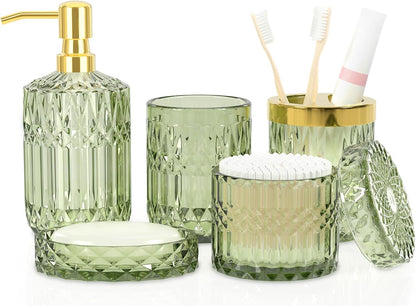 Premium Green Glass Bathroom Accessories Set (5PCS), Glass Soap Dispenser Set with Rust Proof Stainless Steel Pump, Elegant Modern Bathroom Decor Set, Gift for Valentines Day, Birthday or Housewarming
