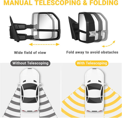 Towing Mirrors for 2021-2026 Ford F150, 2023-2026 F250 F350 F450 Manual Fold, Turn Signal & Running Light Power Adjusted Double Heated Glass Temperature Sensor (White Lens Unpainted Black)