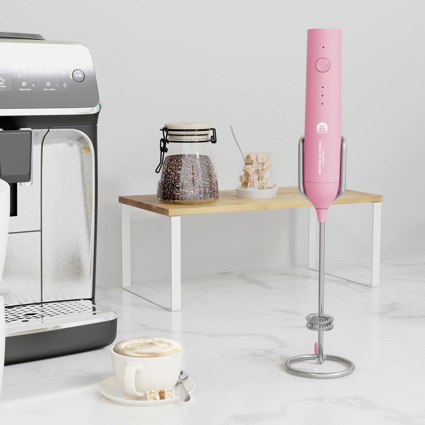 Powerful Milk Frother Handheld Foam Maker, Mini Whisk Drink Mixer for Coffee, Cappuccino, Latte, Matcha, Hot Chocolate, With Stand, Light Purple