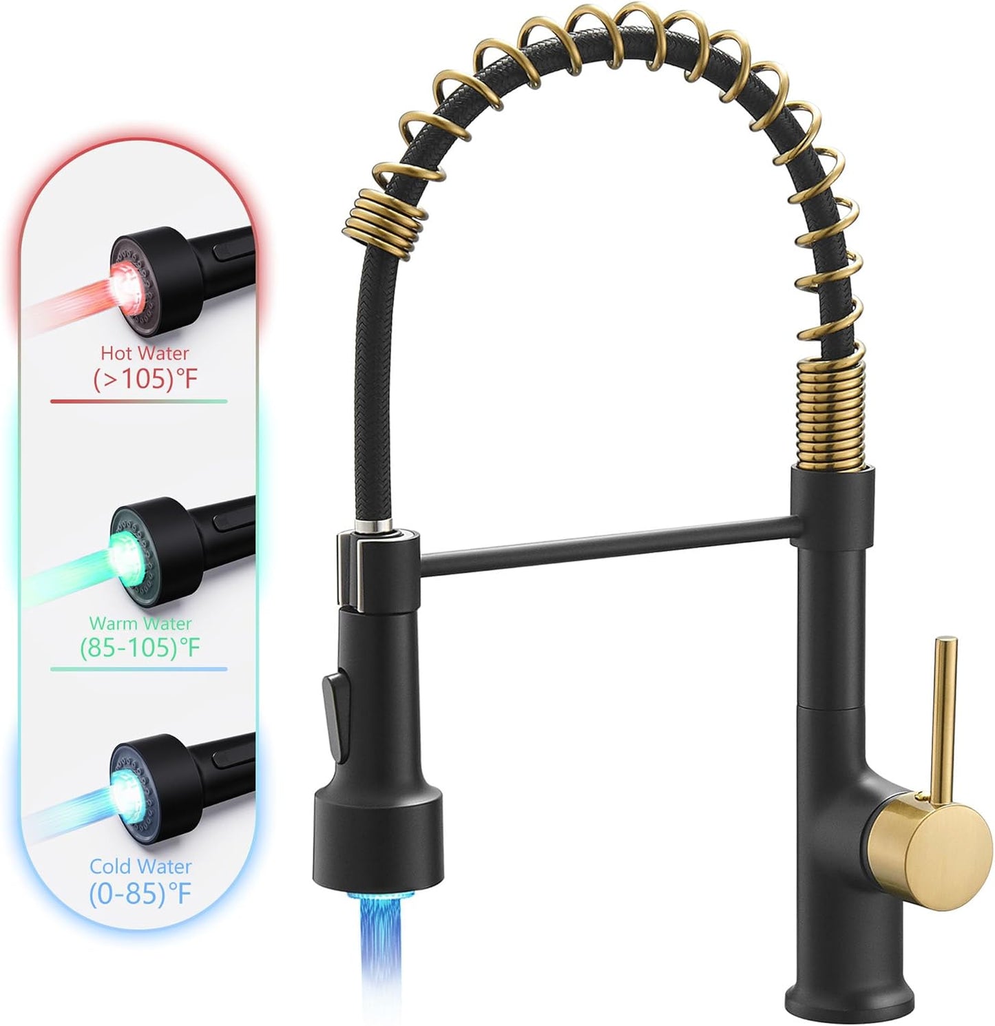 GIMILI Matte Black Kitchen Faucet with LED Light,Single Hole Spring Kitchen Sink Faucet with Pull Down Sprayer