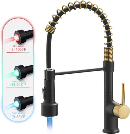 GIMILI Matte Black Kitchen Faucet with LED Light,Single Hole Spring Kitchen Sink Faucet with Pull Down Sprayer