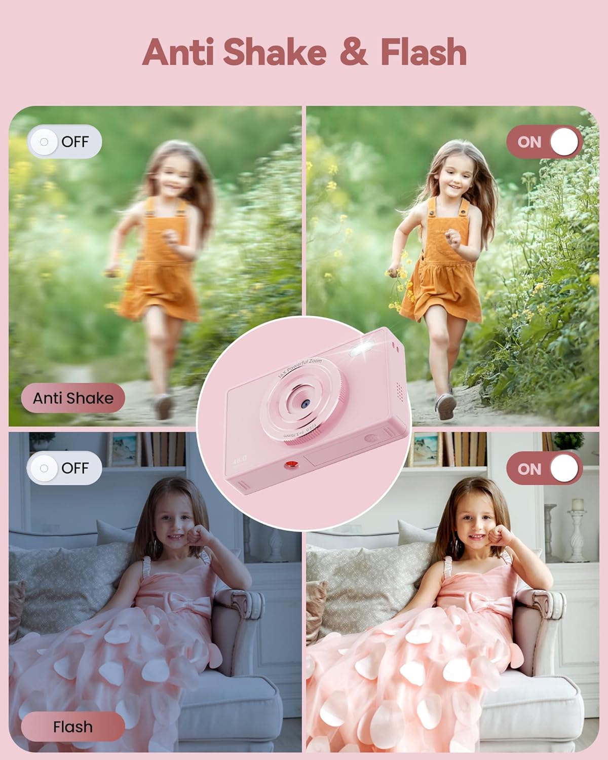 64GB Digital Camera for Kids Photography: 48MP Mini Camera Anti Shake 1080P Video Camera Autofocus 16X Zoom Anti Shake Point and Shoot Camera 2 Batteries Gift for Kid Student Beginner Black