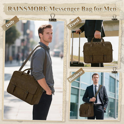 RAINSMORE Messenger Bag for Men 16 Inch Laptop Bag Vintage Leather Waterproof Laptop Briefcases Large Computer Satchel Bag - PuriLite