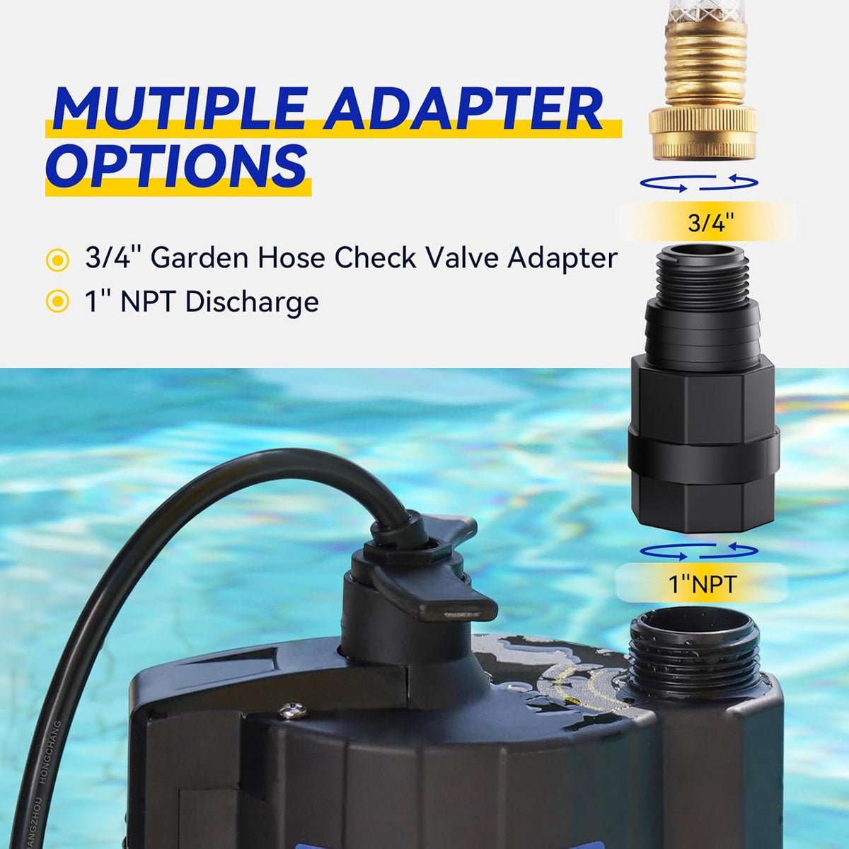 Acquaer 1/3 HP Automatic Submersible Water Pump, 115V Sump Pump with 3/4” Garden Hose Check Valve Adapter,2160 GPH High Flow Water Removal for Swimming Pool Cover Hot Tubs Flooded House Basement