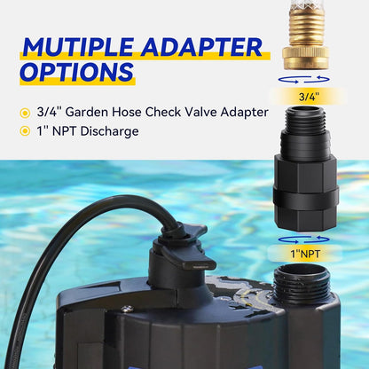 Acquaer 1/3 HP Automatic Submersible Water Pump, 115V Sump Pump with 3/4” Garden Hose Check Valve Adapter,2160 GPH High Flow Water Removal for Swimming Pool Cover Hot Tubs Flooded House Basement