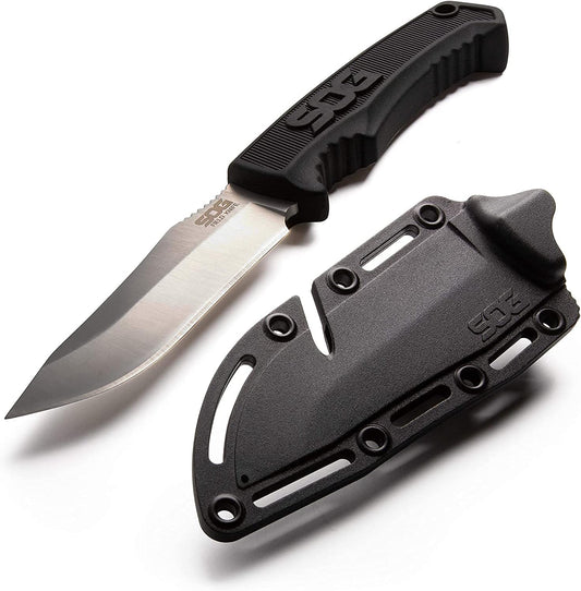 SOG Tactical Knife with Sheath - “Field Knife” Fixed Blade Knives FK1001-CP 4” Fixed Blade Knife with Full Tang Sharp Knife Blade + Survival Knife Grip, Black