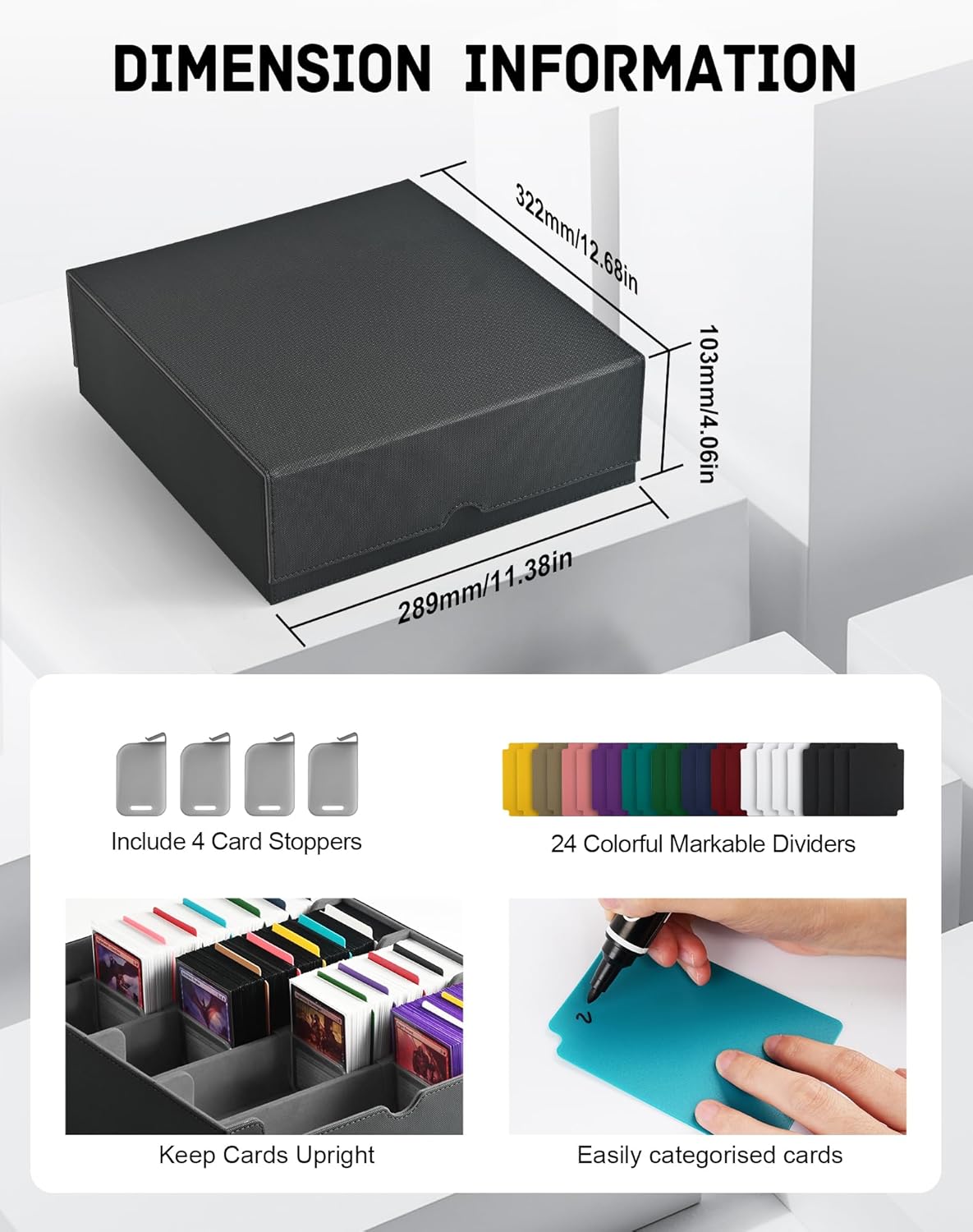 ZLCA Card Storage Box for MTG PTCG, Commander Deck Box Holds 3000+ Cards, Card Storage Case with 4 Stoppers, Card Organizer for TCG Sport Cards (Black)