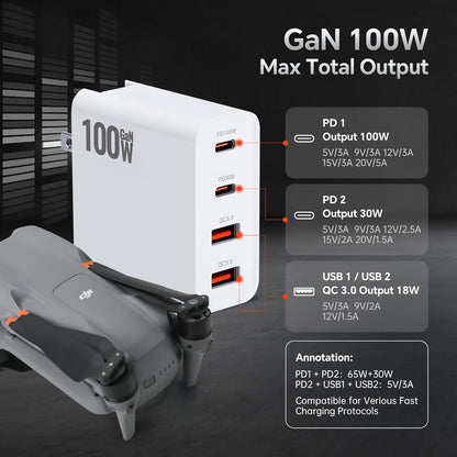 RCstyle Drone Power Adapter,100W GaN Charger 4-Port, Dual PD (100W/30W) and QC3.0 Port Fast Charger,for DJI Flip, DJI Avata 2,DJI NEO,Air 3S,Air 3,Mini 2,Mini 3 Pro,Mini 4 Pro,Air 2s,Drone Accessories