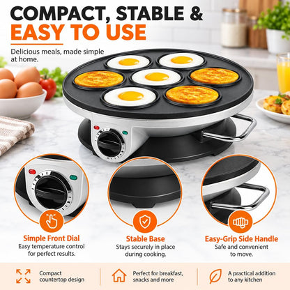 Omelette Pan, 7-Hole Electric Skillet, 3-Level Heat for Eggs & Burgers egg frying machine breakfast griddle mini burger maker pancake cooker divided skillet non stick countertop kitchen appliance