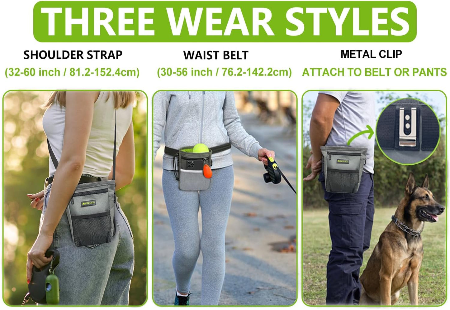 TRIPOLACO Magnetic Dog Treat Pouch - Quick-Access Treat Pouches for Pet Training with Multiple Pockets, Poop Bag Dispenser & Phone Holder, 3 Wear Styles, Ideal Dog Treat Bag for Training & Walks