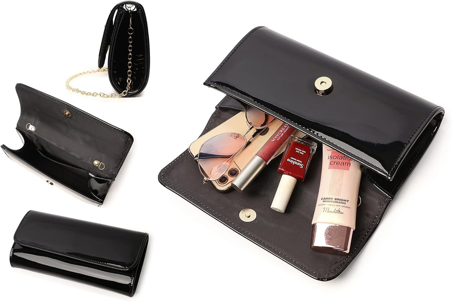 MUDUO Patent Leather Envelope Clutch Purse Shiny Candy Foldover Clutch Evening Bag for Women (black1) - PuriLite